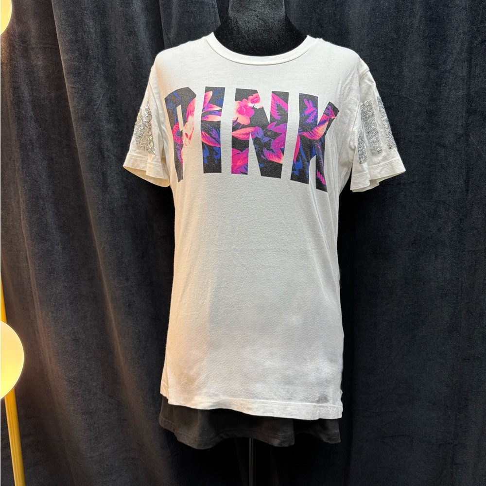PINK Victoria's Secret White Tee with Bold Floral Letters